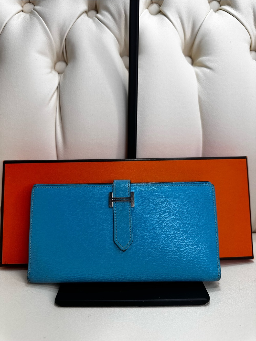 Hermes Bearn Blue Leather Women’s Wallet with Silver Hardware